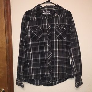 Grey, black, and white reclaim flannel. Size L